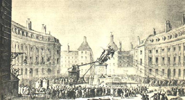 Louis XIV- La statue de Louis XIV, Place des Victoires, est abattue par la foule - dessin de Prieur - Musée Carnavalet.JPG