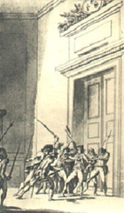 Un garde du corps massacré devant la porte de l\'appartement de la Reine - aquatinte de Janinet.JPG